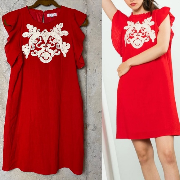 THML Dresses & Skirts - THML red flutter ruffle sleeve embroidered dress
